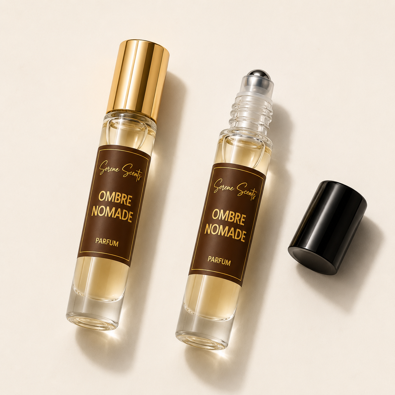 Two clear glass perfume roller bottles labeled 'Serene Scents Ombre Nomade Parfum' on a warm cream background, with one bottle closed showing a gold cap and the other open with its black cap placed beside it.
