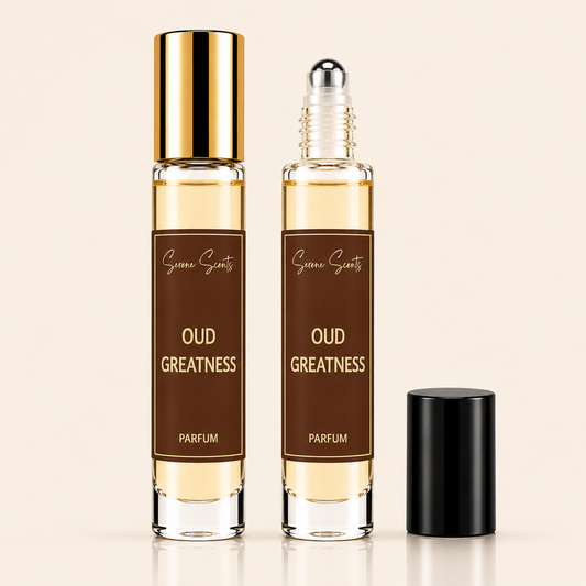 Two clear glass perfume roller bottles with amber liquid, brown labels reading 'Oud Greatness Parfum,' and one black cap, shown on a light beige background.