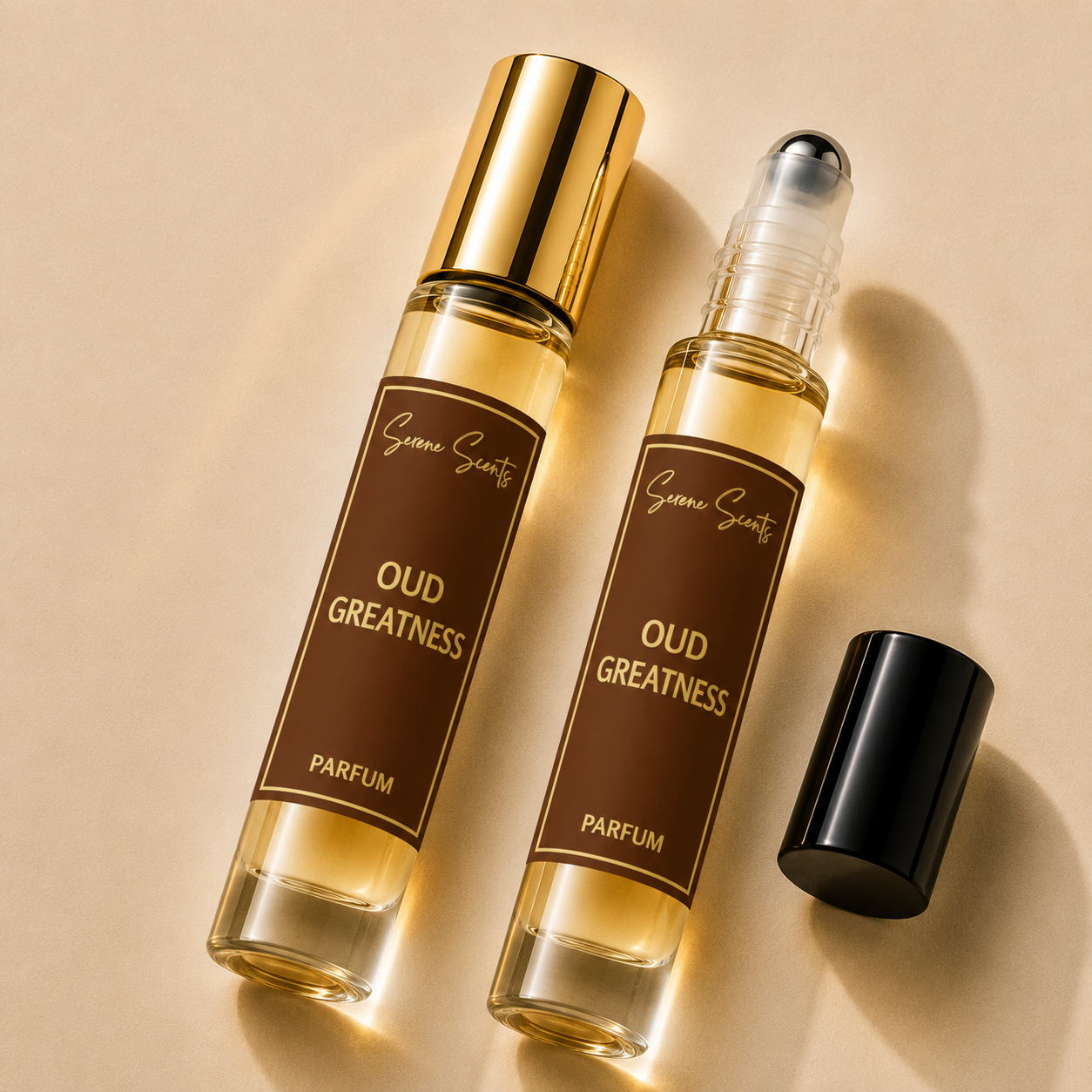 Two clear glass perfume roller bottles with gold caps and dark brown labels reading 'Scented Scents OUD WOOD PARFUM', one bottle closed and one open with its black cap placed beside it, on a warm beige background.