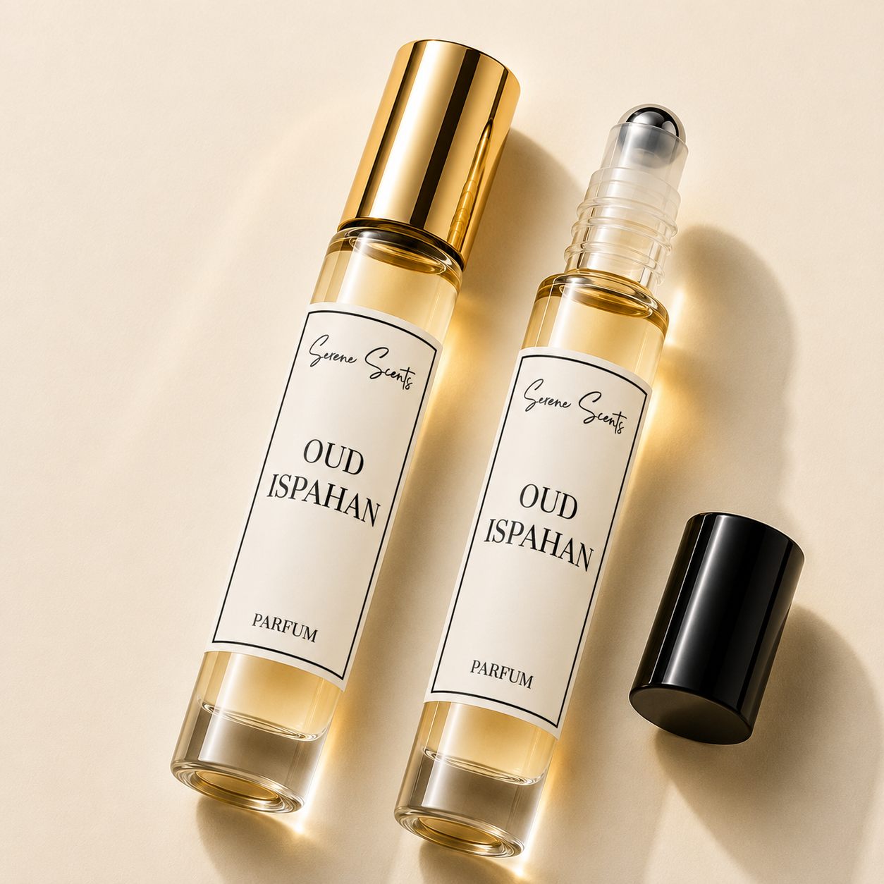 Two clear glass perfume roller bottles with cream labels and gold caps, plus a separate black cap, arranged on a warm beige background. The label reads 'Green Scents OUD ISPahan PARFUM'.
