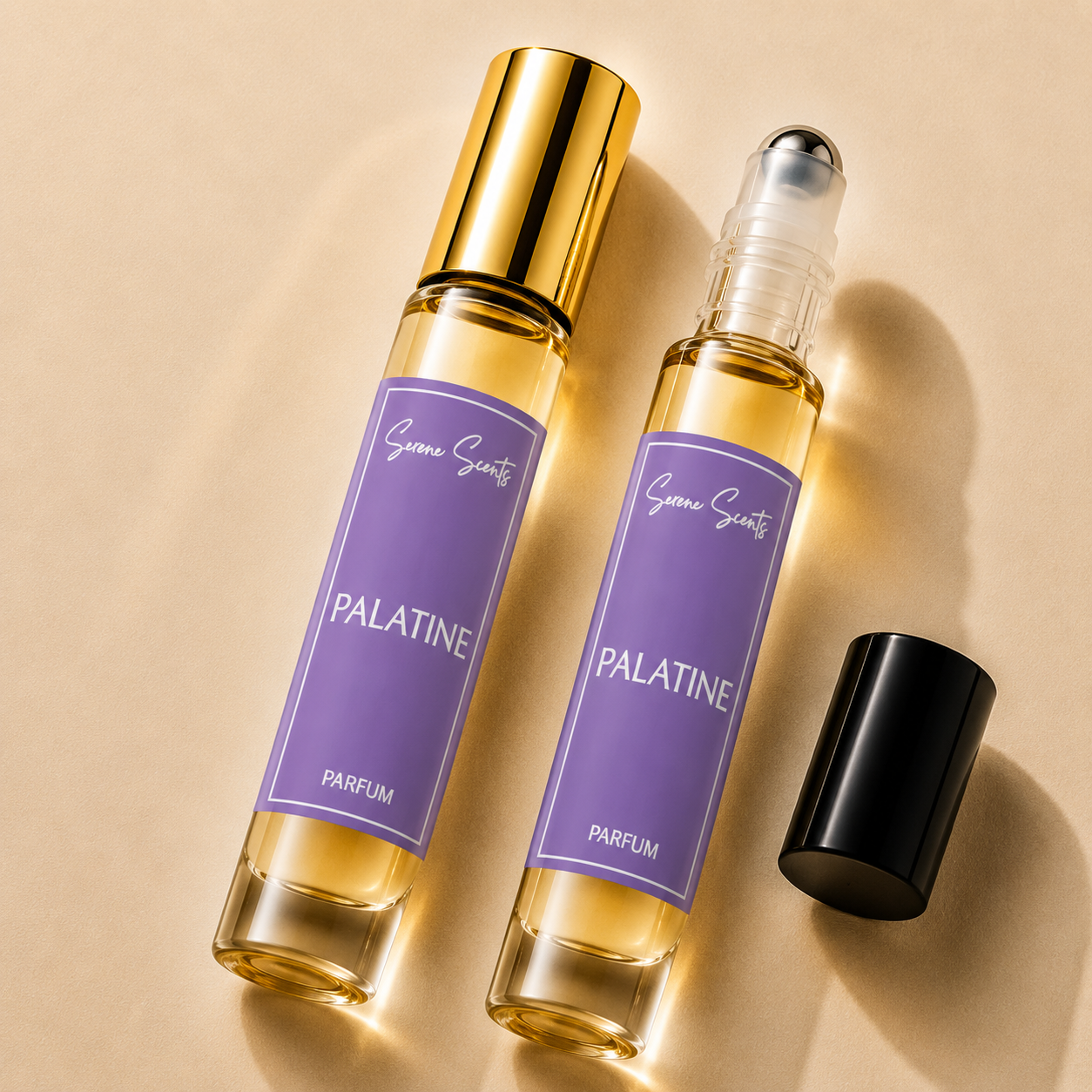 Two clear perfume roller bottles filled with golden liquid, each with a lavender-purple label reading 'Suna Scents PALATINE PARFUM' and 'PALATINE PARFUM,' plus a separate black cap, arranged on a warm beige background.