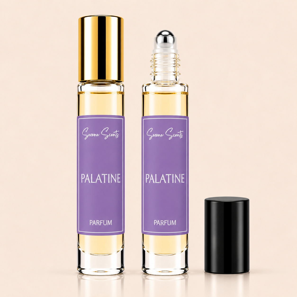 Two glass perfume roller bottles labeled 'Syme Scents PALATINE PARFUM' with purple labels, one with a gold cap and one with a clear cap showing the roller ball, plus a separate black cap on a light beige background.