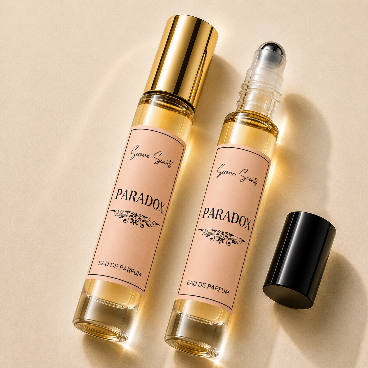 Two glass perfume rollerball bottles with pale blush pink labels reading 'Synergy Scents PARADOX EAU DE PARFUM' are arranged on a warm beige background, one upright with a shiny gold cap and one tipped with a clear rollerball, plus a separate black cap beside them.