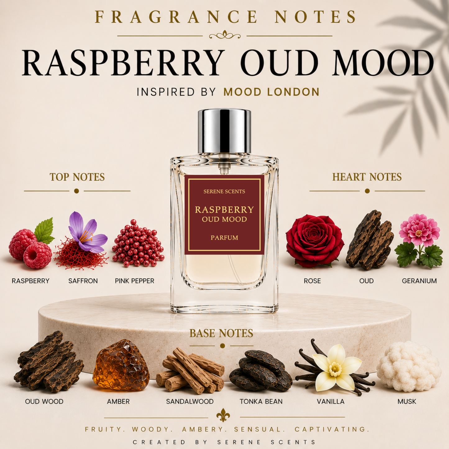 A perfume bottle labeled 'Raspberry Oud Mood' by Serene Scents stands on a round pedestal with illustrated and photographed scent notes around it, including raspberries, saffron, pink pepper, rose, oud, geranium, amber, sandalwood, tonka bean, vanilla, and musk. Large text at the top reads 'Fragrance Notes Raspberry Oud Mood Inspired by Mood London.
