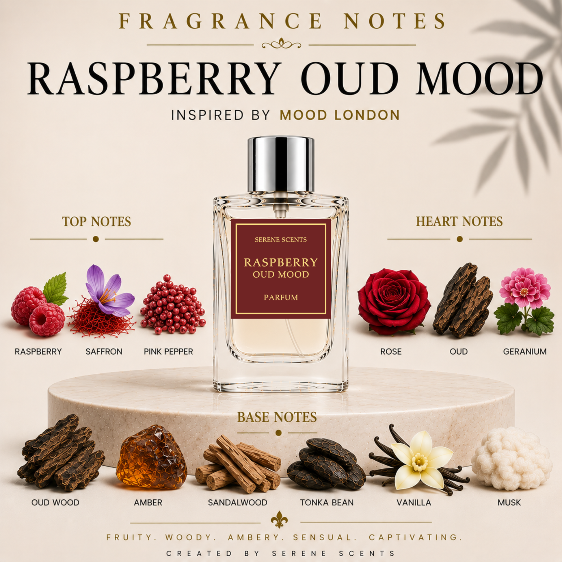 A perfume bottle labeled 'Raspberry Oud Mood' by Serene Scents stands on a round pedestal with illustrated and photographed scent notes around it, including raspberries, saffron, pink pepper, rose, oud, geranium, amber, sandalwood, tonka bean, vanilla, and musk. Large text at the top reads 'Fragrance Notes Raspberry Oud Mood Inspired by Mood London.