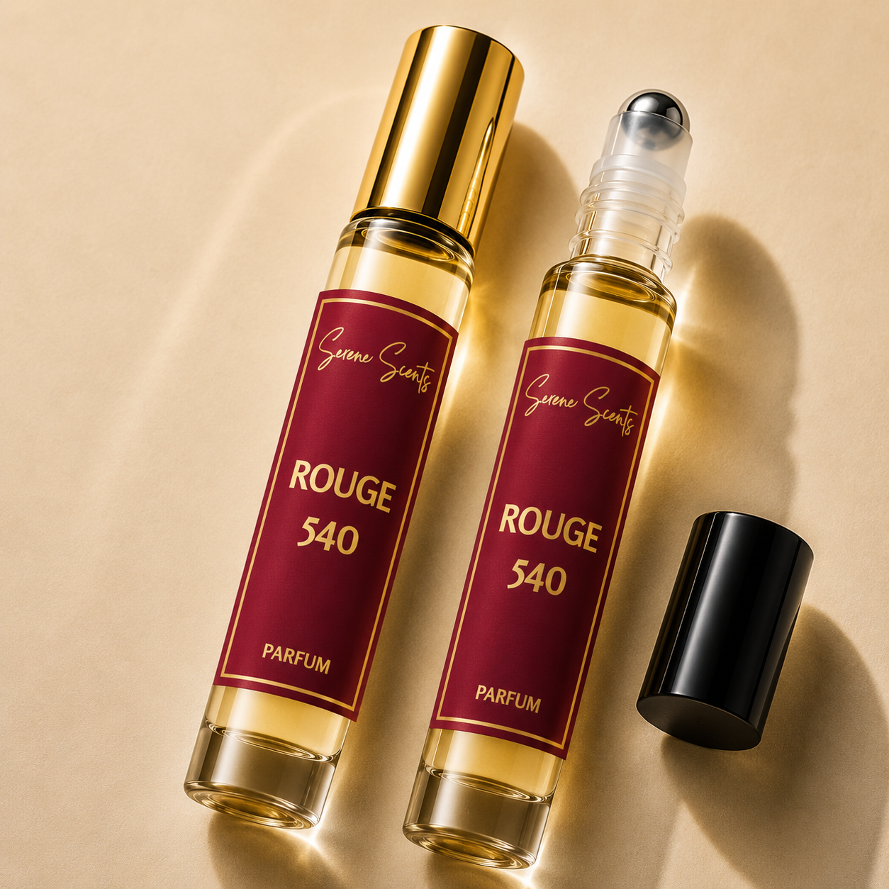 Two glass perfume roller bottles labeled 'Seimi Seimi ROUGE 540 PARFUM' with deep red labels and gold lettering, one bottle with a gold cap and one with a clear roller top and black cap, on a beige background.