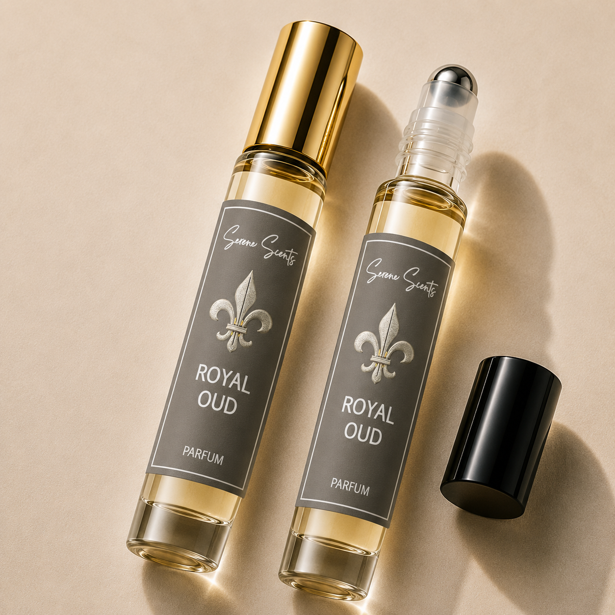 Two roll-on perfume bottles labeled 'Scenti Scenti Royal Oud Parfum' with gold caps, shown on a beige background with one bottle open and its black cap beside it.