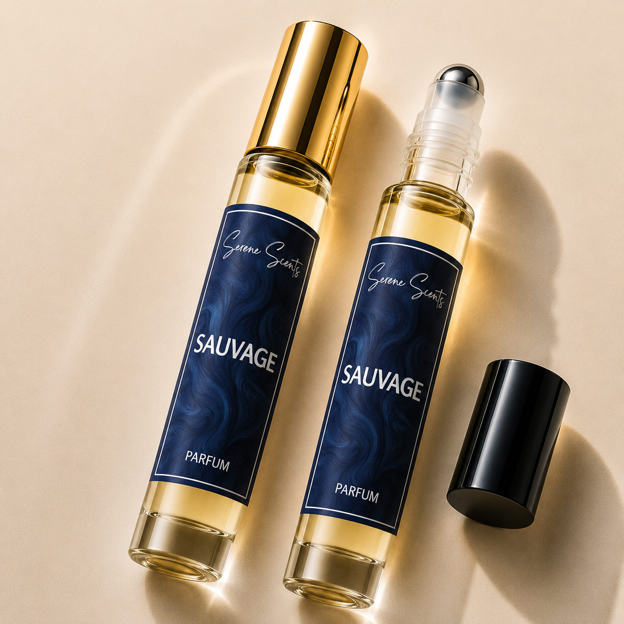Two glass rollerball perfume bottles labeled 'Sine Scent Sauvage Parfum' with dark blue labels and gold caps, shown on a warm beige background with one cap placed beside them.