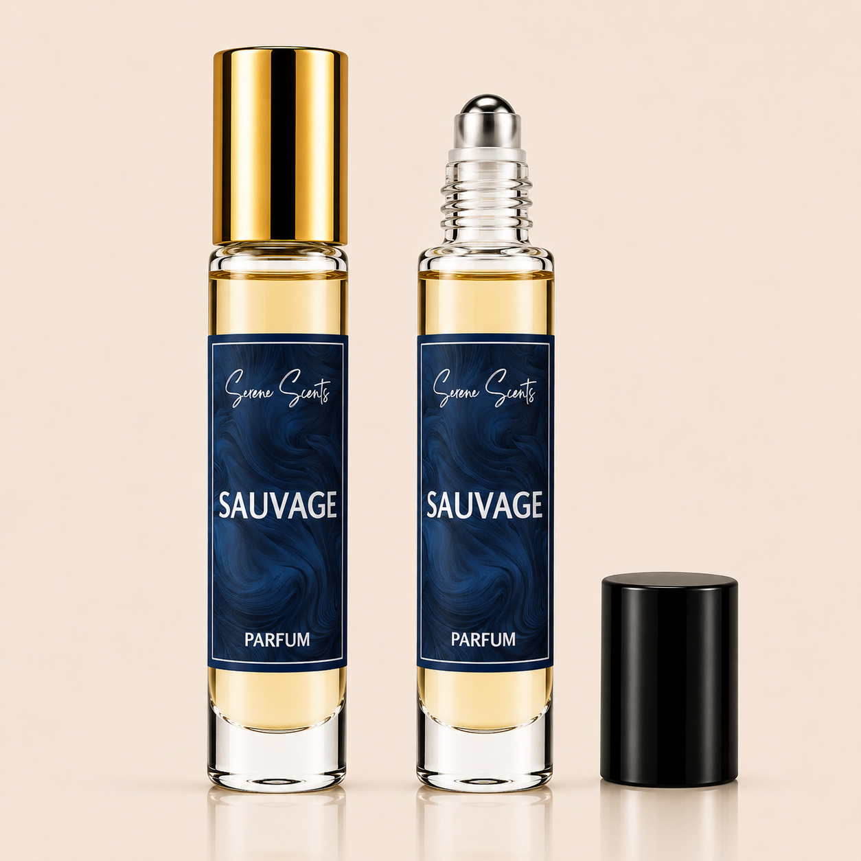 Two clear glass perfume roller bottles with dark blue labels reading 'Scent Scentz SAUVAGE PARFUM' are shown on a light beige background, one with a gold cap and one with a silver roller top; a black cap sits beside them.