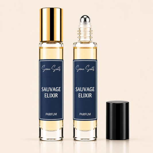 Two glass perfume roller bottles labeled 'Sauvage Elixir' by Scent Scent, with one bottle capped in gold and the other with its black cap removed, set against a light beige background.
