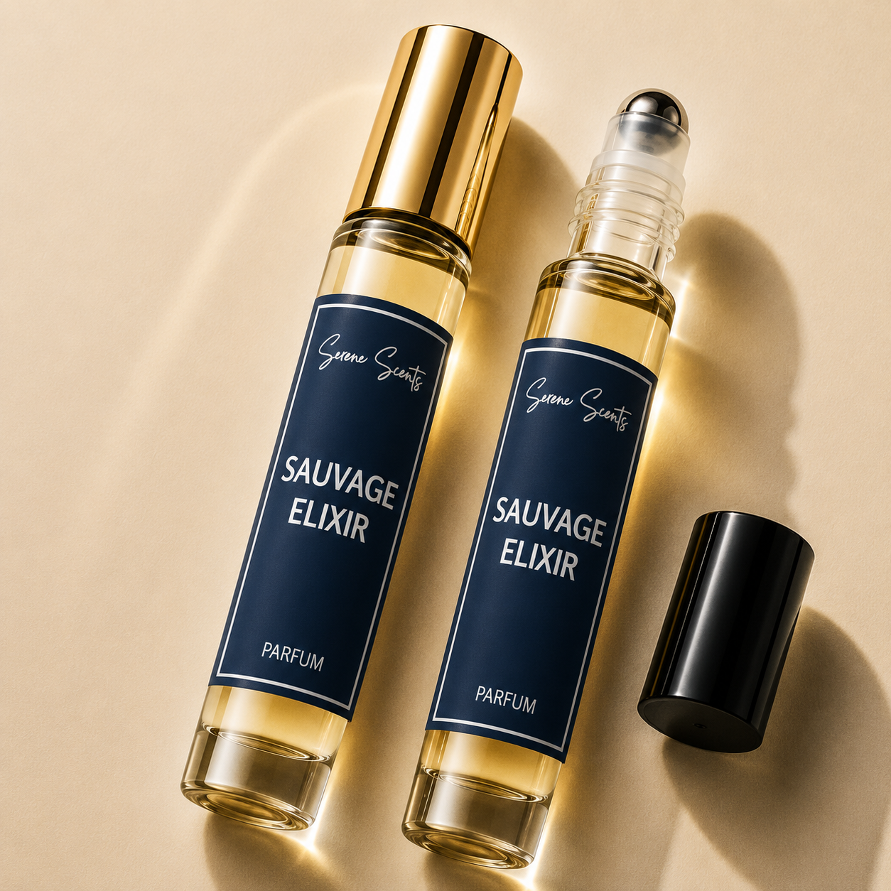 Two glass perfume roller bottles labeled 'Gene Spirits Sauvage Elixir Parfum' with gold caps, shown on a warm beige background with one cap placed beside them.