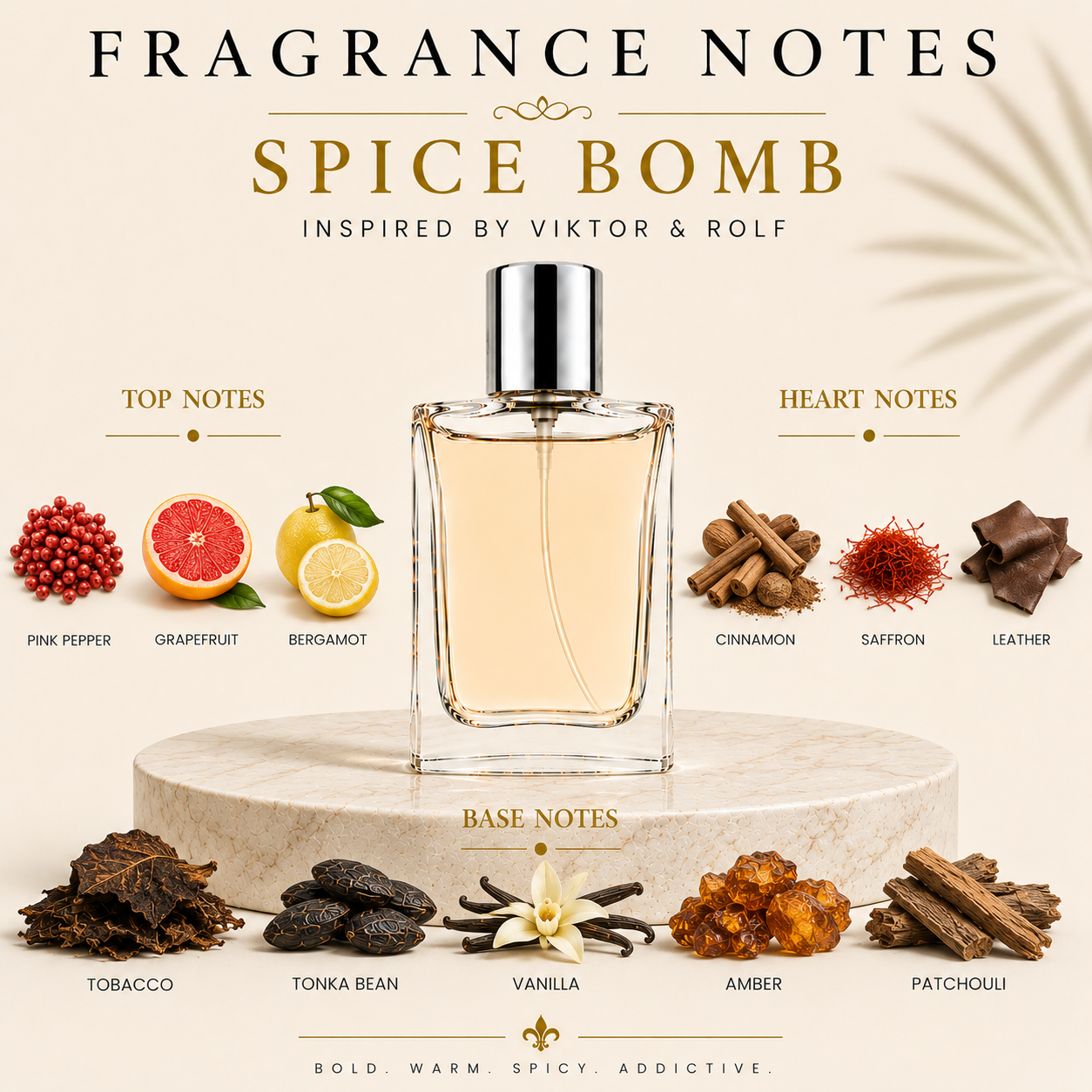 Fragrance note graphic for Spice Bomb perfume, showing a clear rectangular bottle with pale amber liquid centered on a pedestal. Surrounding the bottle are labeled notes for top notes (pink pepper, grapefruit, bergamot), heart notes (cinnamon, saffron, leather), and base notes (toffee, tonka bean, vanilla, amber, patchouli), with ingredient illustrations and names on a warm beige background.