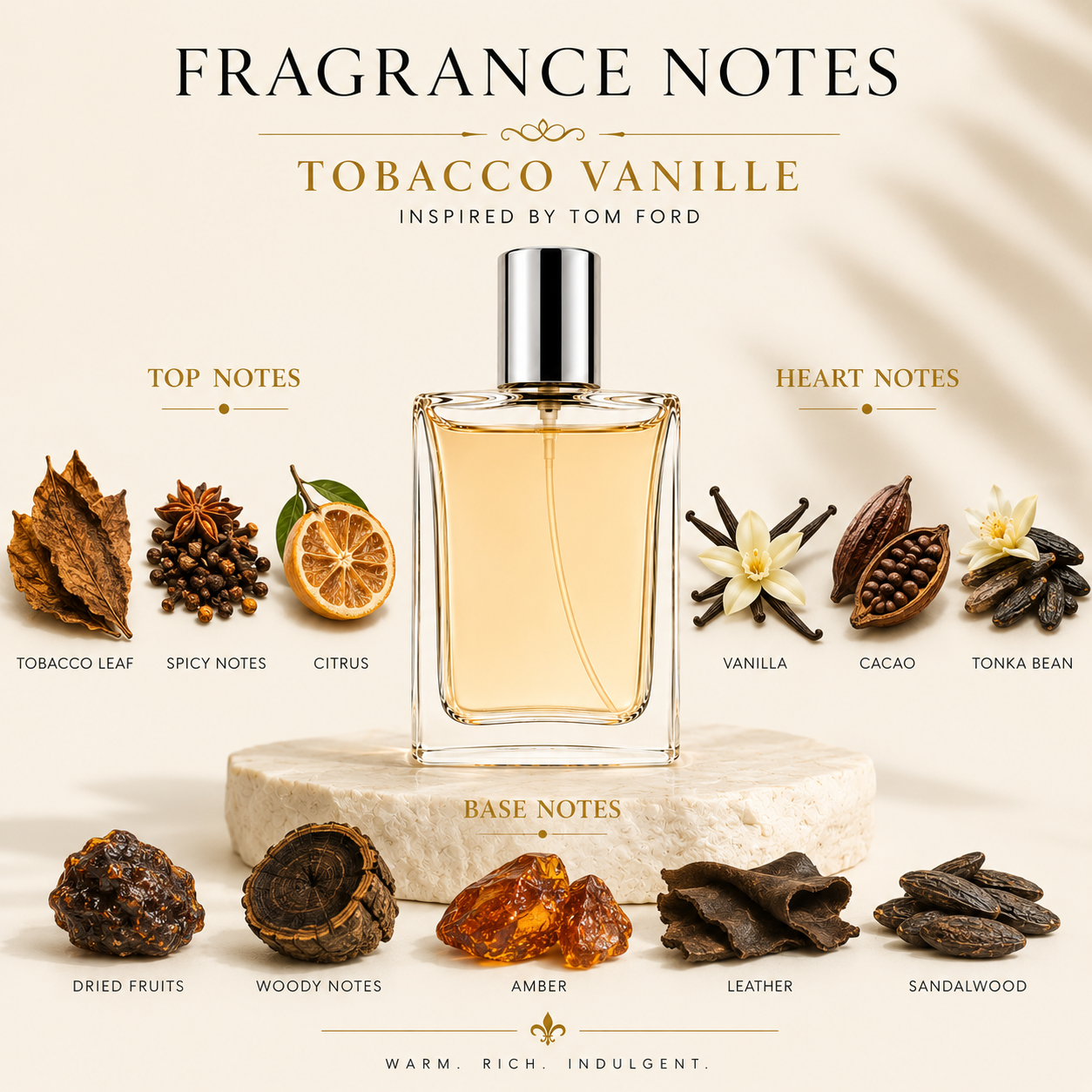 A perfume bottle labeled Tobacco Vanille centered on a pedestal, surrounded by illustrated and photographed scent notes for top, heart, and base notes, with the text 'Fragrance Notes' and 'Inspired by Tom Ford' on a warm cream background.
