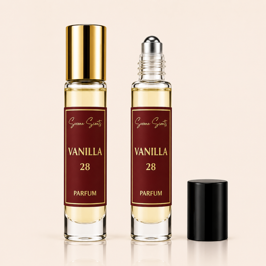 Two glass perfume roller bottles labeled 'Vanilla 28 Parfum' by Scenic Scents, one with a gold cap and one with a black cap, shown on a light beige background.