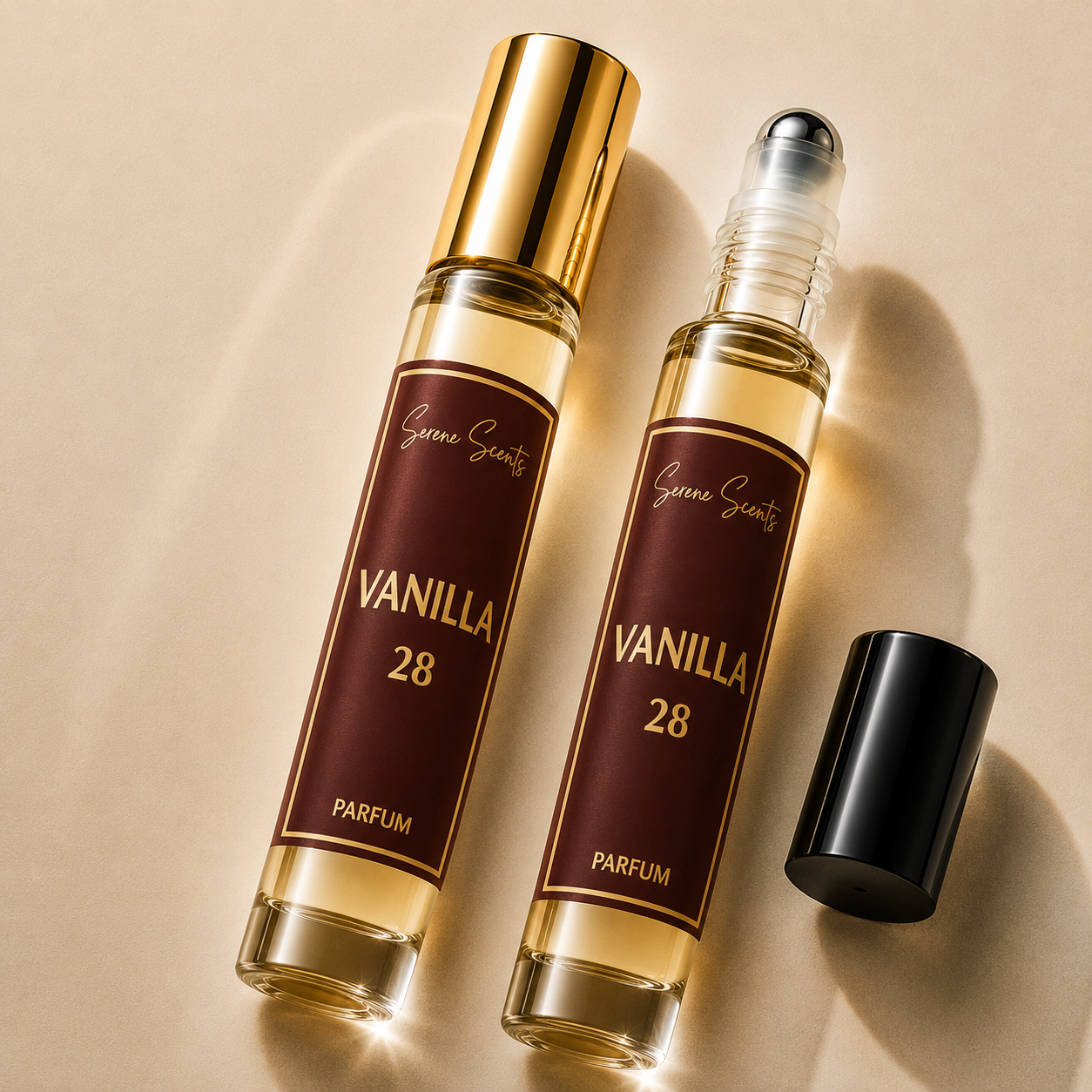 Two perfume rollerball bottles labeled 'Vanilla 28 Parfum' with deep brown labels and gold lettering, shown on a warm beige background with one bottle open and its black cap beside it.