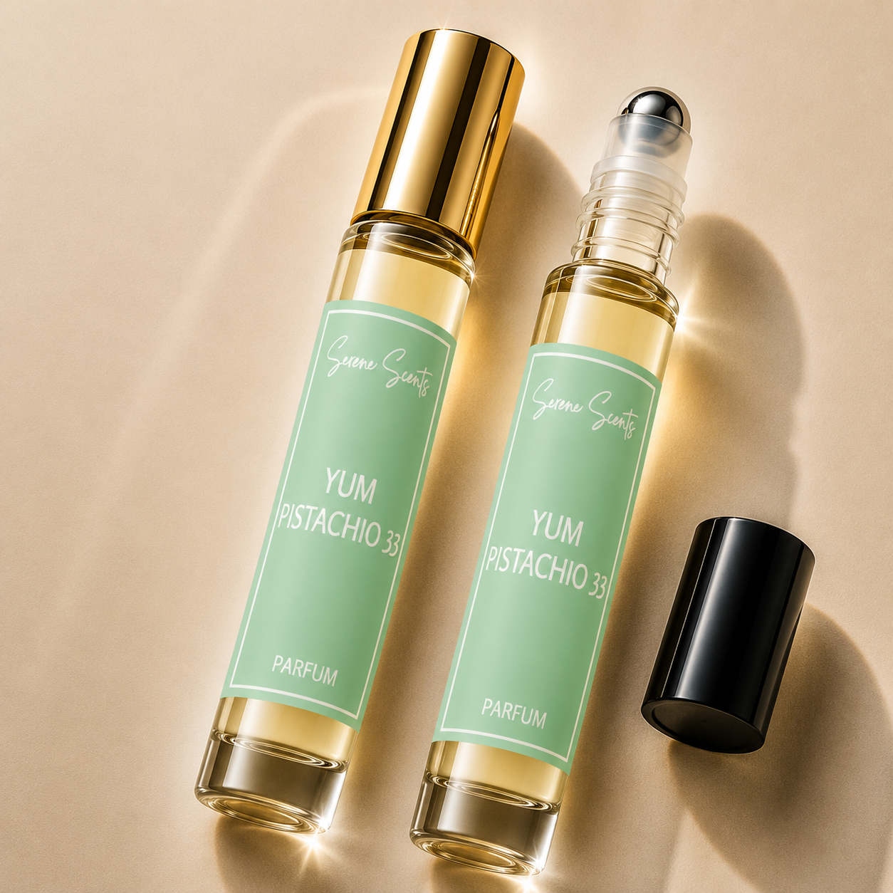 Two glass rollerball perfume bottles with pale green labels reading 'Yum Pistachio 33' and 'Parfum,' one with a gold cap and one with a black cap, arranged on a warm beige background.