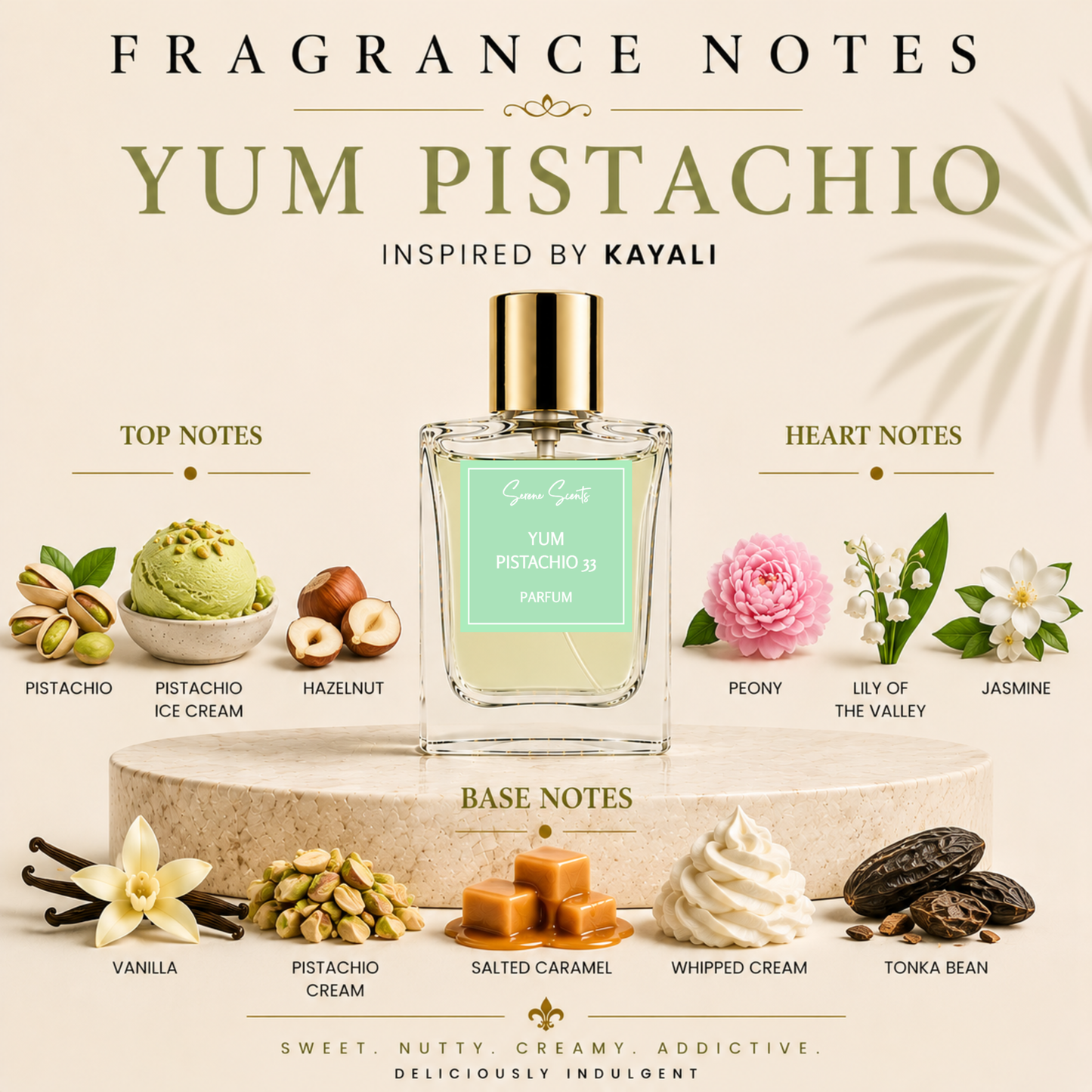 Fragrance Notes Yum Pistachio perfume bottle centered on a beige promotional graphic with illustrated scent notes for top, heart, and base notes, including pistachio, hazelnut, peony, vanilla, caramel, whipped cream, and tonka bean.